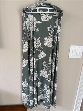 Floral Maxi Skirt in Olive Green and White by